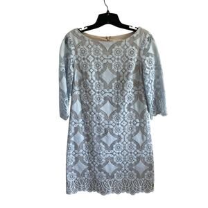 Eliza J Pastel Blue Tan Lace Sheath Dress 3/4 Sleeve Elegant Size 6